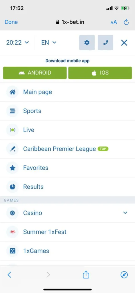 Click on the circled 1xBet logo at the bottom of the screen.