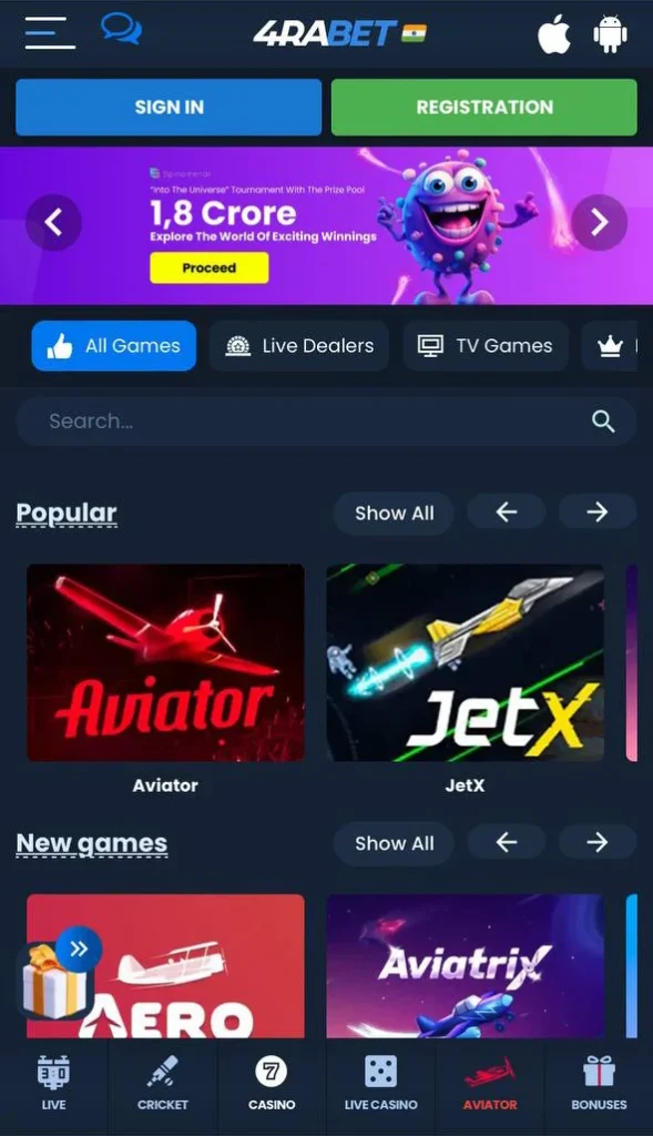 Play casino games online in the 4Rabet app.