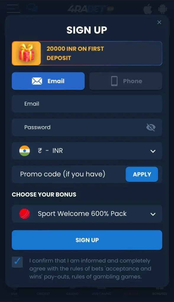 Get registered on the 4Rabet app.