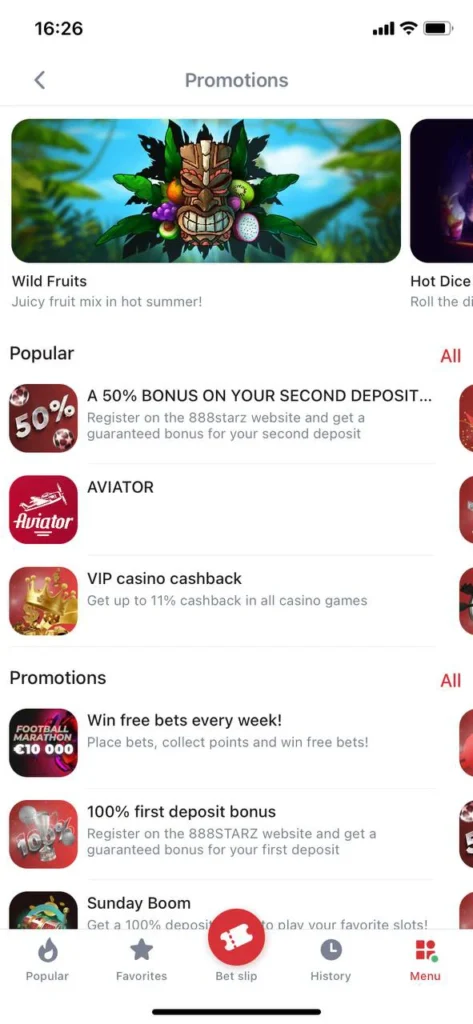 Take advantage of the bonus program in the 888Starz app.