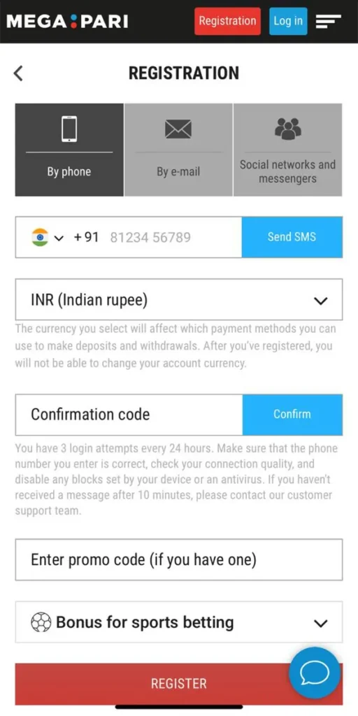 Go through a quick registration in the Megapari mobile app.