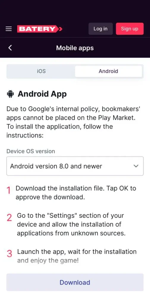 Find the menu item with the installation of the Batery app for android.