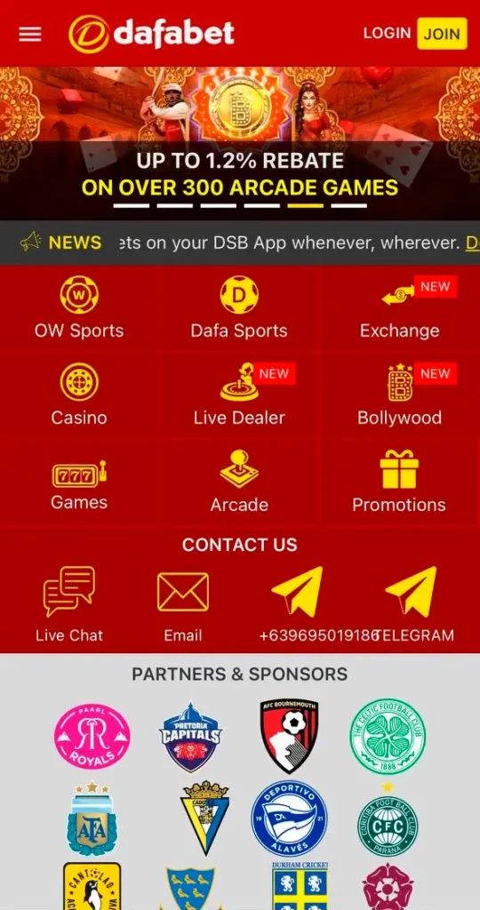 Dafabet casino home page.
