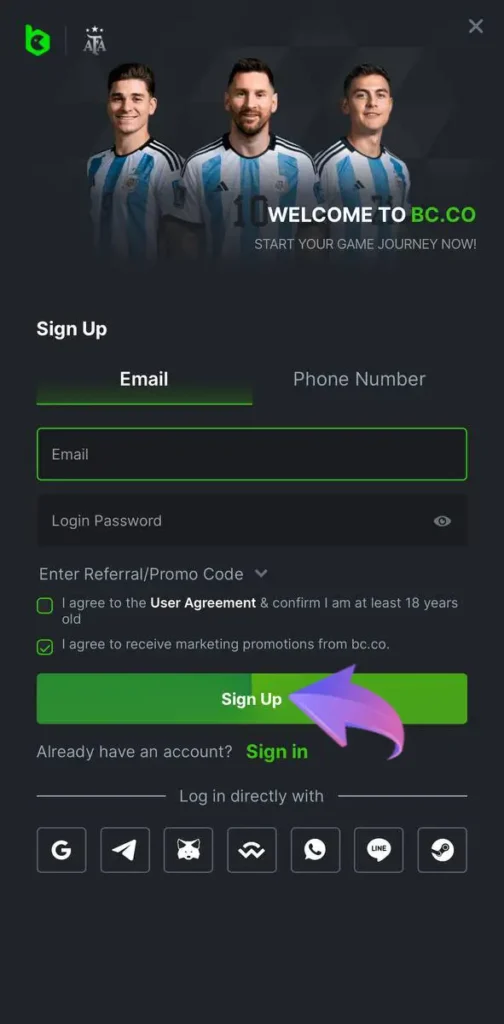 Open the registration and carefully fill out the form on the BC.Game website.