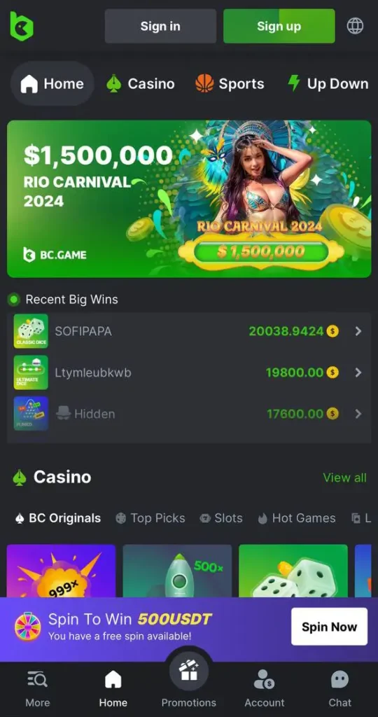 The home page of the BC.Game application.