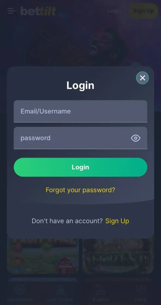 Bettilt app account login form.