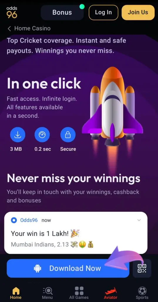 Proceed to download Odds96 app for your android device.