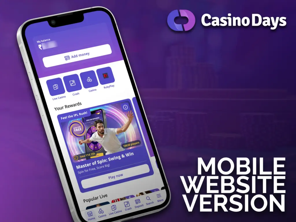The mobile version of Casino Days is available via browser.