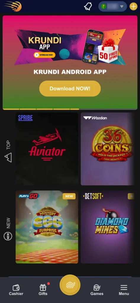 Open the main page of Krundi official casino.