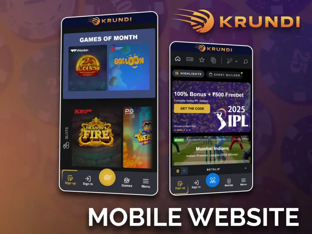 Experience every aspect of a full casino with Krundi's mobile site version.