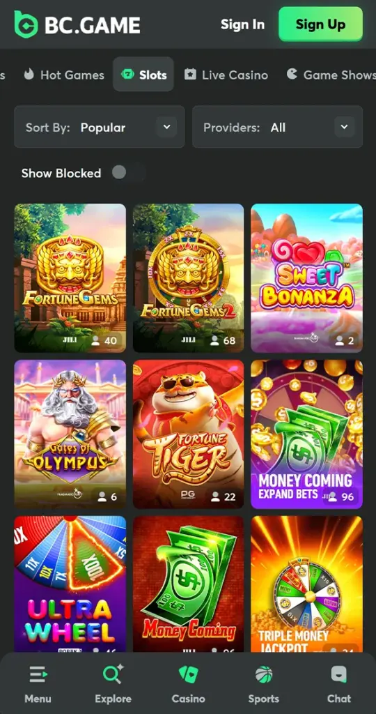 Spin the reels of slot machines in the BC.Game app every day.